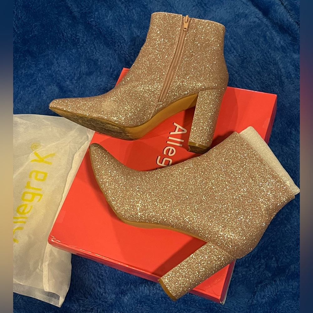 Women’s Pink Glitter Ankle Booties Allegra K Pointed Toe Chunky Heel Size 9